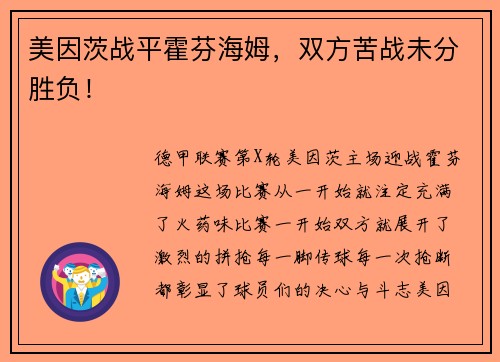 美因茨战平霍芬海姆，双方苦战未分胜负！